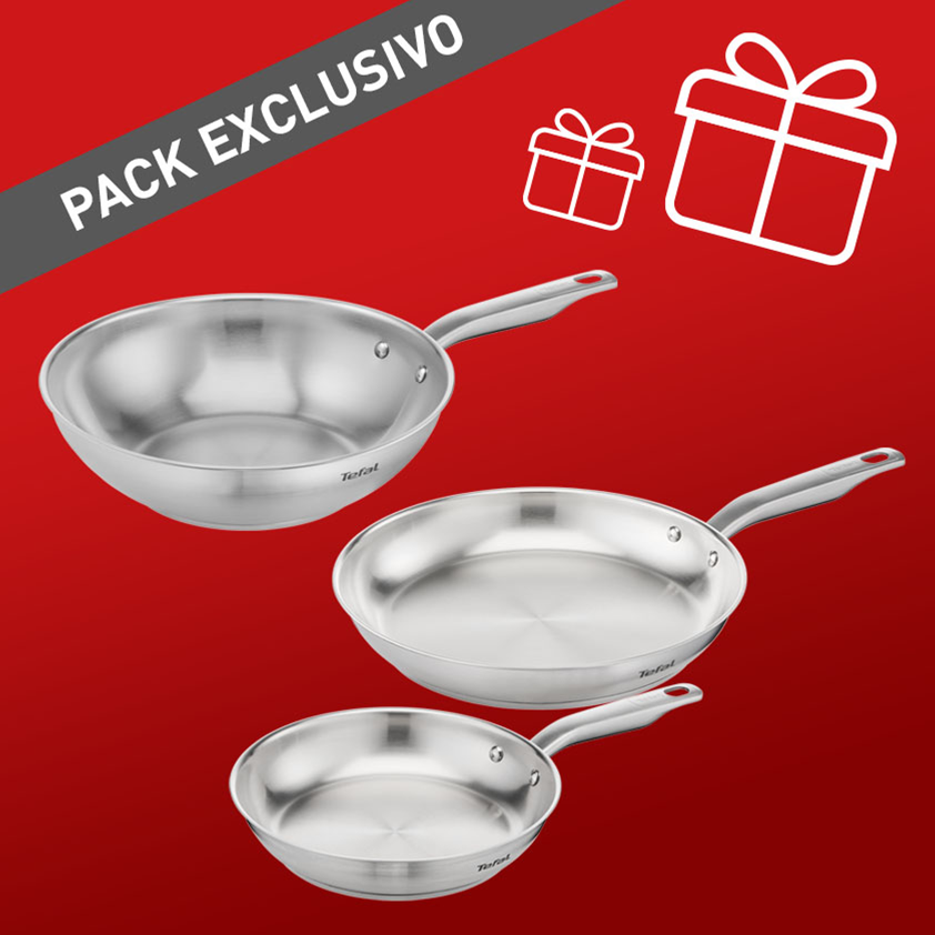 Tefal Pack set de 2 sartenes 24 cm/28 cm y wok 28 cm acero inoxidable Virtuoso