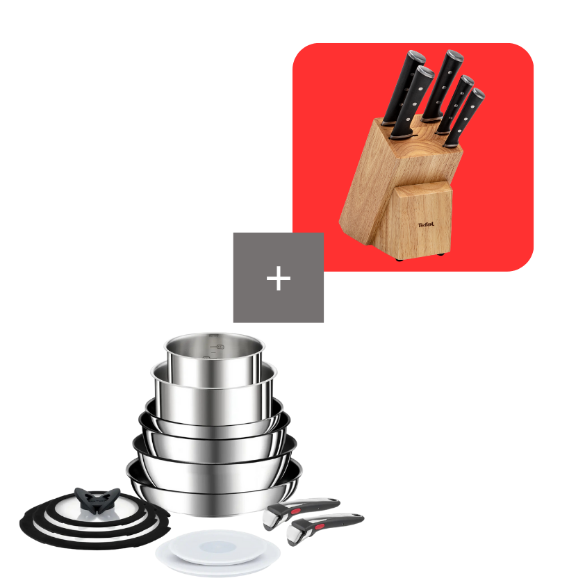 Tefal Pack batería de cocina 13 piezas Preference On y bloque de 5 cuchillos Ice Force