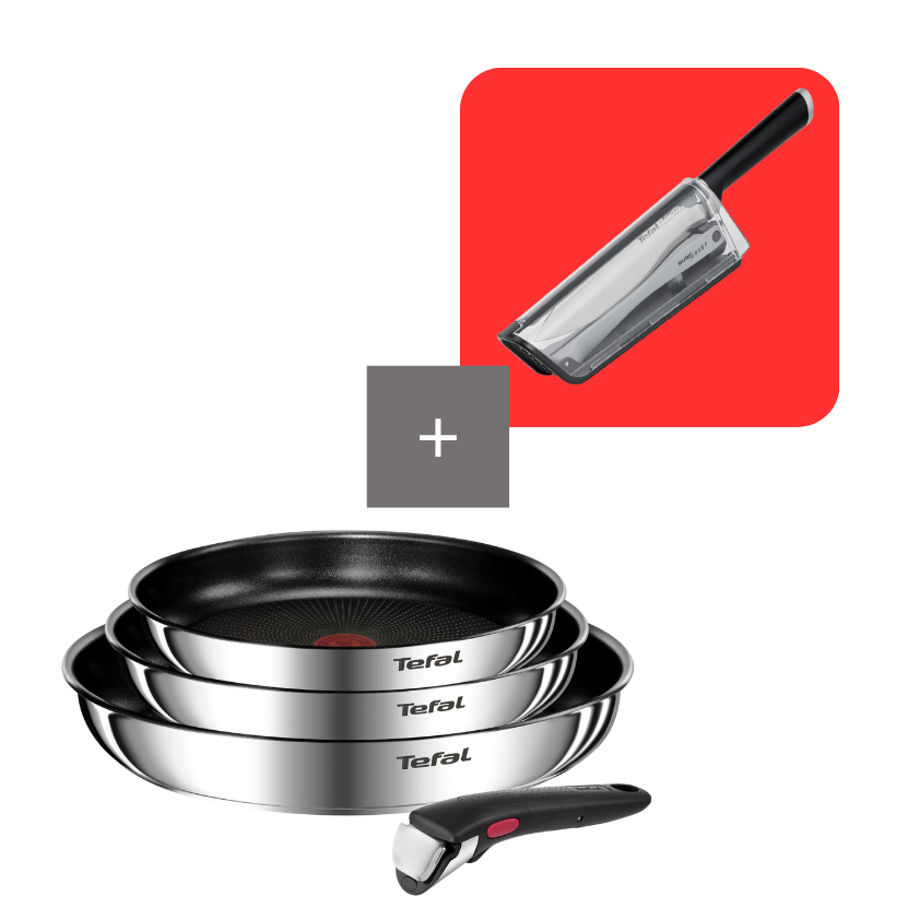 Tefal Pack set Ingenio Emotion 22, 24 y 28 cm + Mango extraíble con cuchillo con funda afiladora Ever Sharp