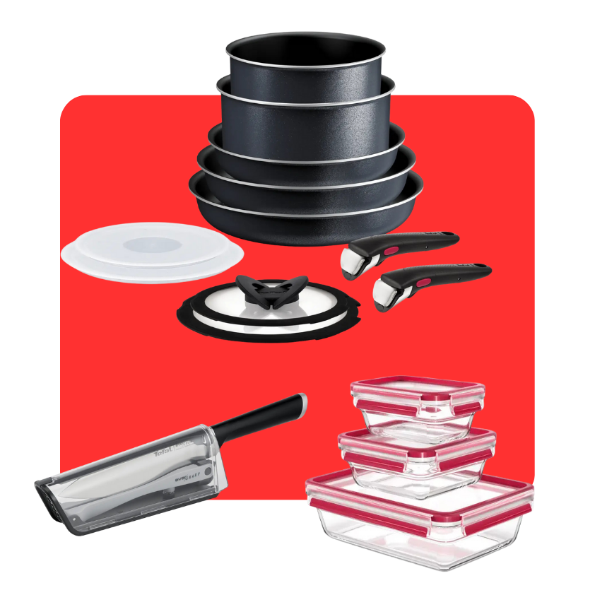 Tefal Pack Ingenio So'Light 11 piezas, con cuchillo chef Ever Sharp y set de 3 herméticos de cristal Masterseal