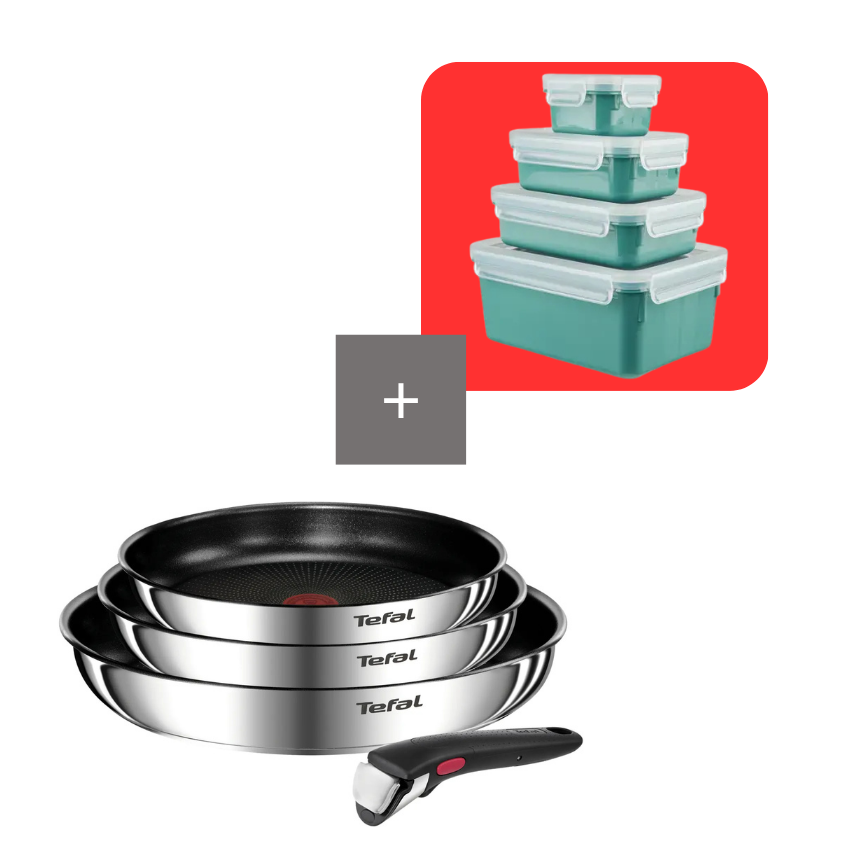 Tefal Pack set Ingenio Emotion 22, 24 y 28 cm + Mango extraíble con set de 4 herméticos de plástico MasterSeal Fresh