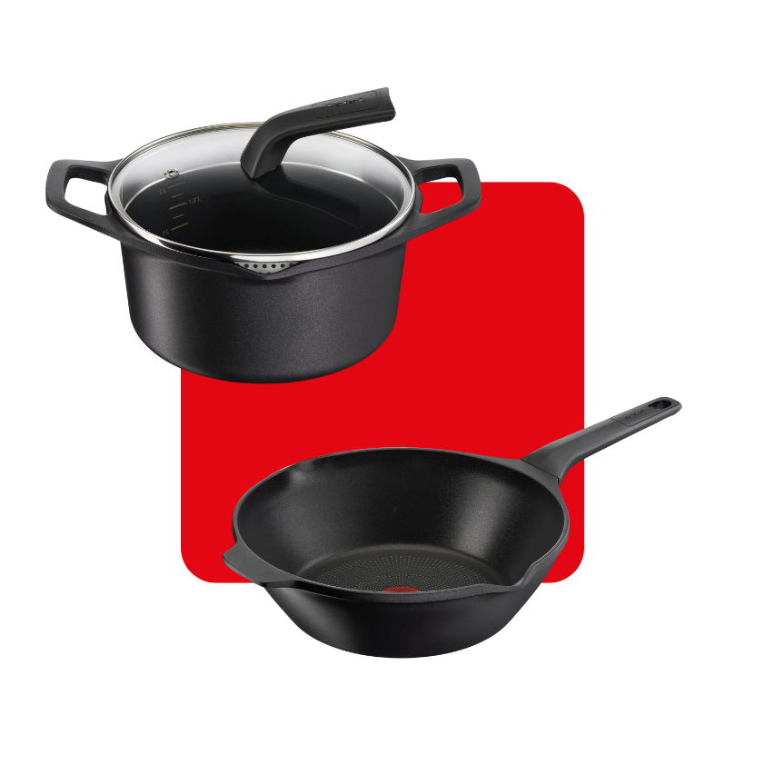 Tefal Pack wok 28 cm y cacerola 20 cm con tapa aluminio fundido Robusto