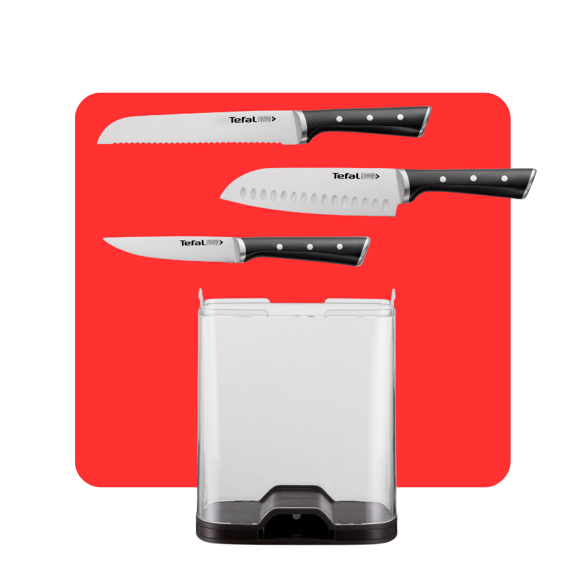 Tefal Pack bloque para cuchillos con afiliador Ingenio y 3 cuchillos Ice Force