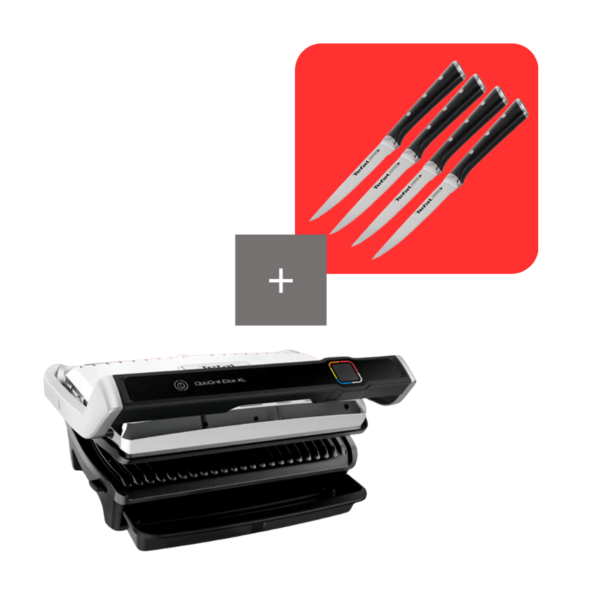 Tefal Pack parrilla inteligente OptiGrill Elite XL con set de 4 cuchillos para carne Ice Force