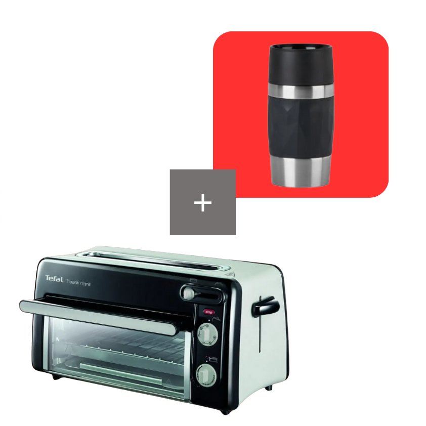 Tefal 082TEF_Pack_tostadora_y_horno_Toast_n_Grill_y_taza_termica_Copact_Travel_Negra