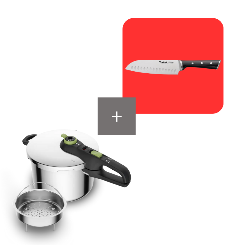 Tefal Pack olla a presión 6 L Secure Trendy y cuchilllo santoku 18 cm Ice Force