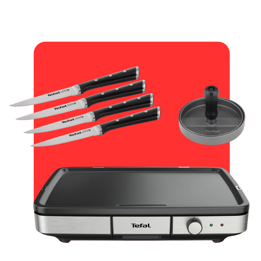 Tefal Pack Maxi Plancha con prensa para hamburguesa y set de 4 cuchillos de carne